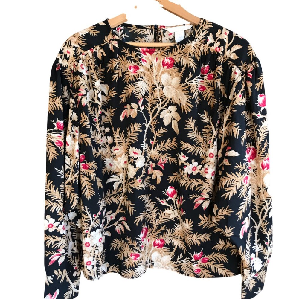 Long-Sleeved Floral Blouse Lightweight H&M Black Tan Red Flowy Women's Small